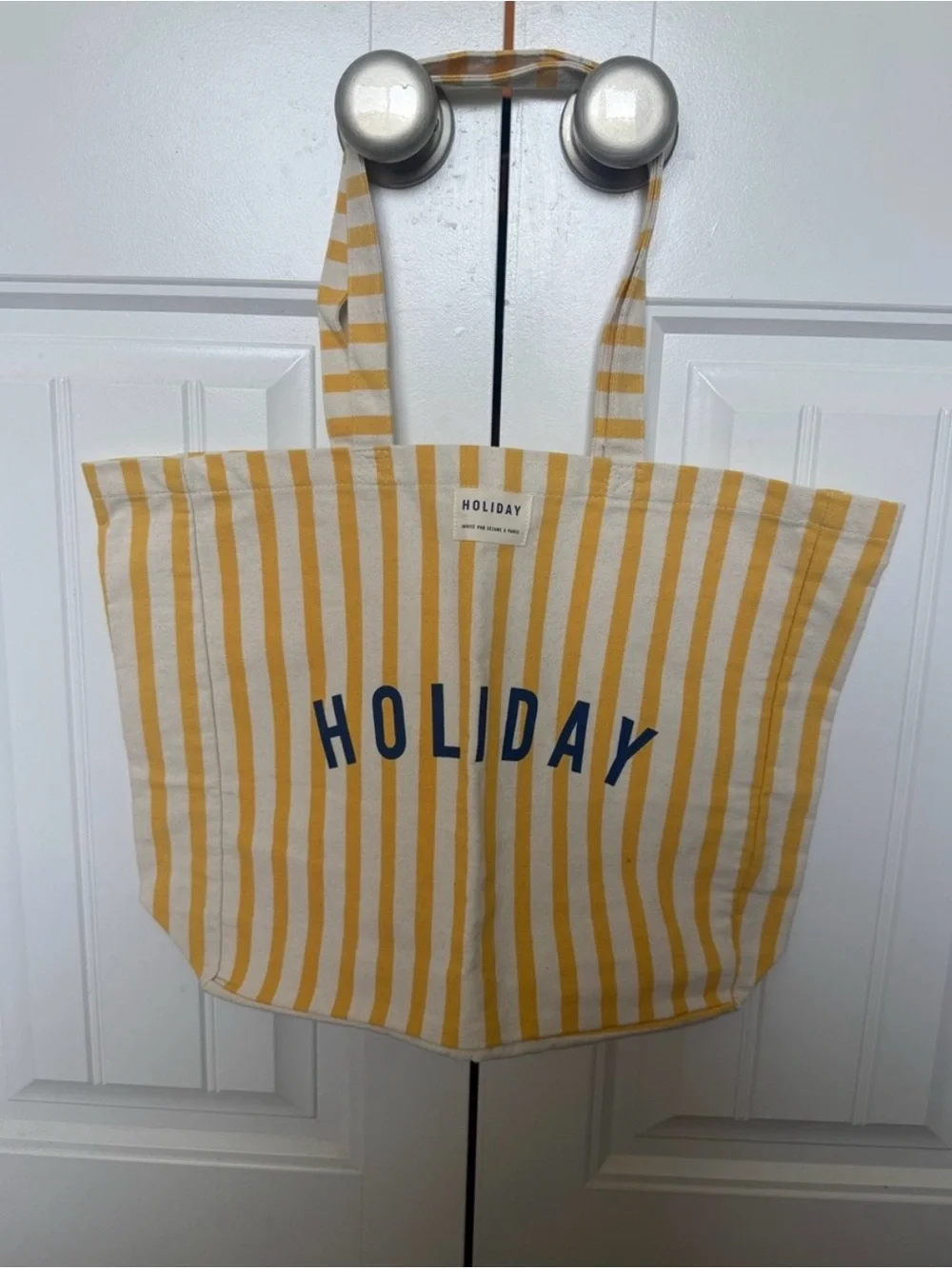Sezane Yellow and White Striped Canvas Tote with Navy Logo
